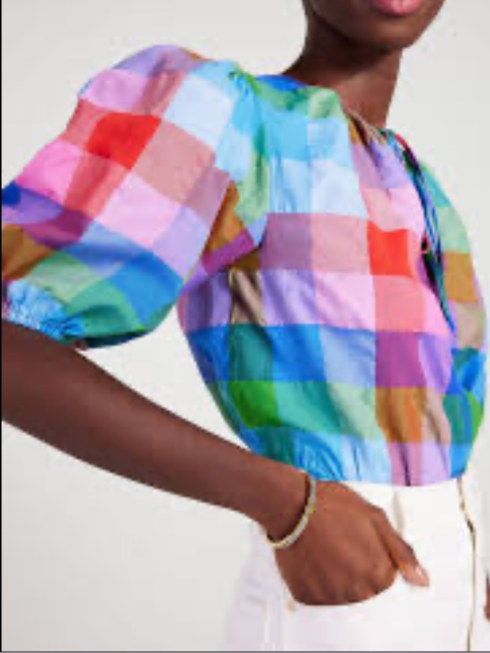 Kate Spade New York Madras Tie Neck Multicolor Gingham Puff-Sleeve Top